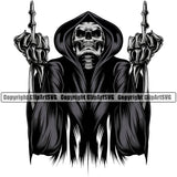 Grim Reaper Skull Skeleton Middle Finger Hand Sign Design Element Angry Face Death Horror Dead Evil Dark Spooky Fear Skull Scary Ghost Scythe Sickle Cemetery Gothic Hell Demon Creepy Clipart SVG