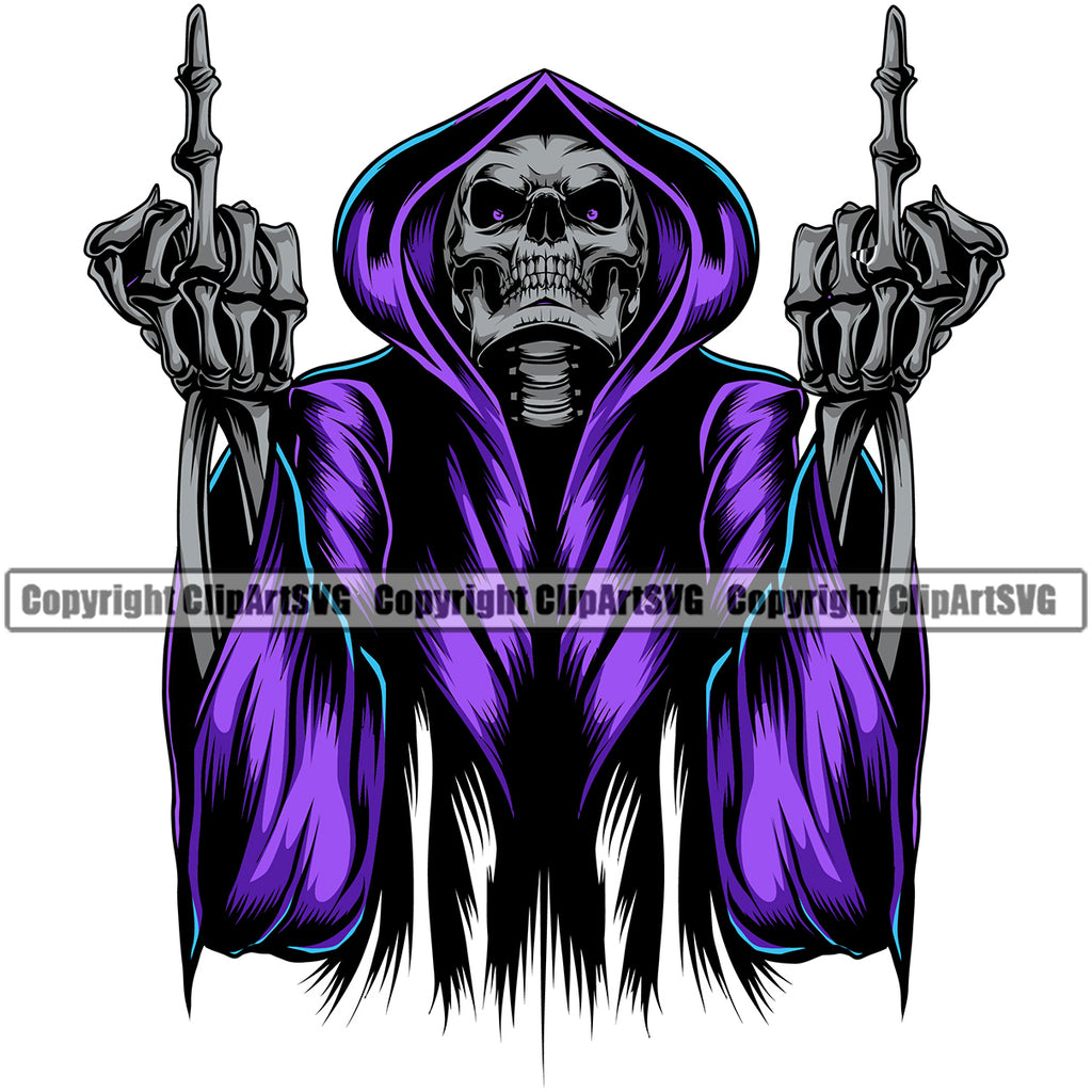 Skull Skeleton Showing Middle Finger Hand Sign Design Element Color Face Grim Reaper Skeleton Death Horror Dead Evil Dark Spooky Fear Skull Scary Ghost Scythe Sickle Cemetery Gothic Hell Demon Creepy Clipart SVG