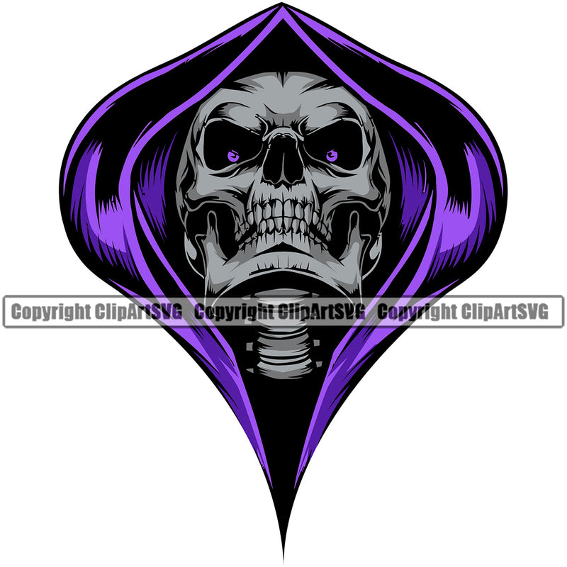 Grim Reaper Skull Skeleton Color Head Design Element White Background Death Horror Dead Evil Dark Spooky Fear Skull Scary Ghost Scythe Sickle Cemetery Gothic Hell Demon Creepy Clipart SVG