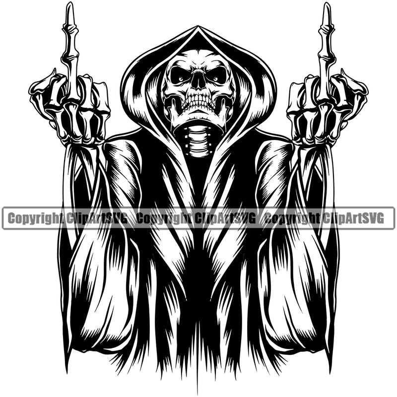 Black And White Skull Skeleton Showing Middle Finger Hand Sign Design Element Grim Reaper Skeleton Death Horror Dead Evil Dark Spooky Fear Skull Scary Ghost Scythe Sickle Cemetery Gothic Hell Demon Creepy Clipart SVG