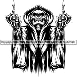 Black And White Skull Skeleton Showing Middle Finger Hand Sign Design Element Grim Reaper Skeleton Death Horror Dead Evil Dark Spooky Fear Skull Scary Ghost Scythe Sickle Cemetery Gothic Hell Demon Creepy Clipart SVG