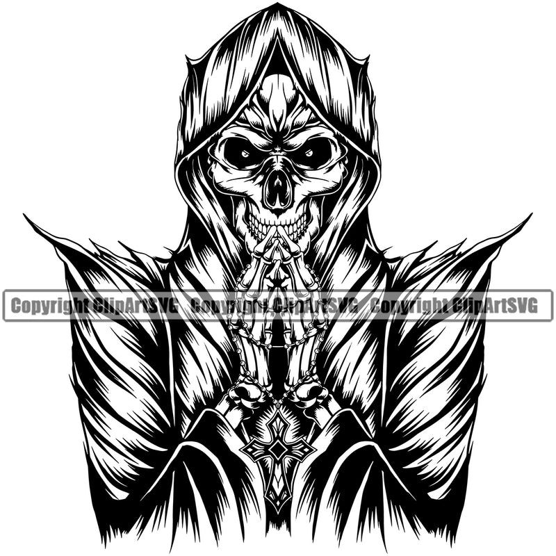Grim Reaper Skull Skeleton Hard Praying Hand Black And White Design Element Death Horror Dead Evil Dark Spooky Fear Skull Scary Ghost Scythe Sickle Cemetery Gothic Hell Demon Creepy Clipart SVG