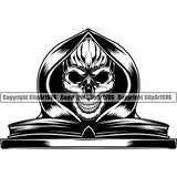 Grim Reaper Skull Skeleton Reading Book Design Element Black And White Color BW Death Horror Dead Evil Dark Spooky Fear Skull Scary Ghost Scythe Sickle Cemetery Gothic Hell Demon Creepy Clipart SVG