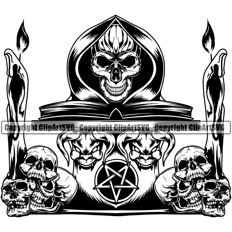 Grim Reaper Skull Skeleton Reading Book Candle Design Element White Background Death Horror Dead Evil Dark Spooky Fear Skull Scary Ghost Scythe Sickle Cemetery Gothic Hell Demon Creepy Clipart SVG