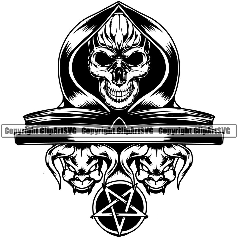 Black And White Skull Skeleton Wearing Book Vector Design Element Grim Reaper Skeleton Death Horror Dead Evil Dark Spooky Fear Skull Scary Ghost Scythe Sickle Cemetery Gothic Hell Demon Creepy Clipart SVG
