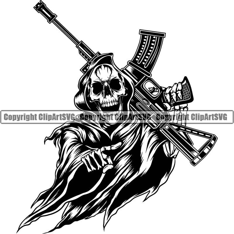 Skull Skeleton Hand Holding Sickle Machine Gun Logo Design Element Grim Reaper Skeleton Open Mouth White Background Death Horror Dead Evil Dark Spooky Fear Skull Scary Ghost Scythe Sickle Cemetery Gothic Hell Demon Creepy Clipart SVG