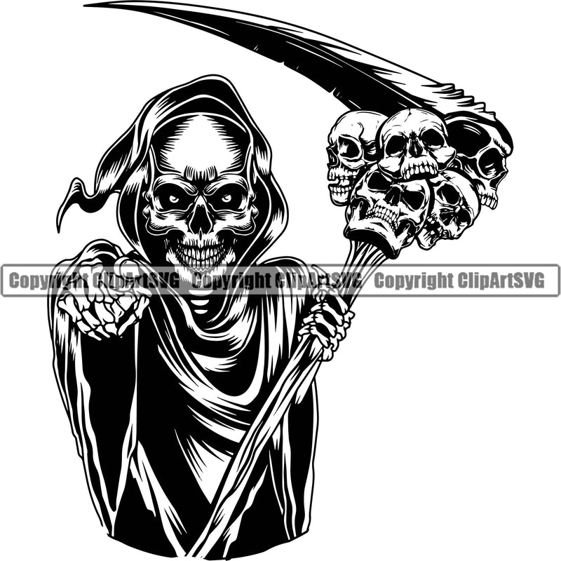 Black And White Skull Skeleton Sickle Ribbon Vector Design Element Grim Reaper White Background Skeleton Death Horror Dead Evil Dark Spooky Fear Skull Scary Ghost Scythe Sickle Cemetery Gothic Hell Demon Creepy Clipart SVG