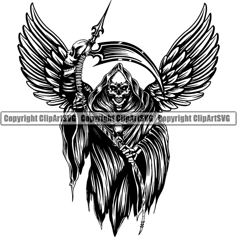 Skull Skeleton Holding Grim Reaper Wings Sickle Ribbon Black And White Design Element Skeleton Death Horror Dead Evil Dark Spooky Fear Skull Scary Ghost Scythe Sickle Cemetery Gothic Hell Demon Creepy Clipart SVG