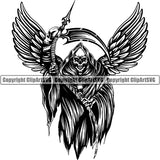 Skull Skeleton Holding Grim Reaper Wings Sickle Ribbon Black And White Design Element Skeleton Death Horror Dead Evil Dark Spooky Fear Skull Scary Ghost Scythe Sickle Cemetery Gothic Hell Demon Creepy Clipart SVG