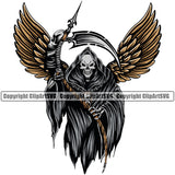 Skull Skeleton Holding Grim Reaper Color Wings Sickle Design Element Skeleton Death Horror Dead Evil Dark Spooky Fear Skull Scary Ghost Scythe Sickle Cemetery Gothic Hell Demon Creepy Clipart SVG