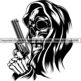 Skull Skeleton Hand Holding Revolver Design Element Grim Reaper Skeleton Head Death Horror Dead Evil Dark Spooky Fear Skull Scary Ghost Scythe Sickle Cemetery Gothic Hell Demon Creepy Clipart SVG