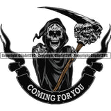 Coming For Your Quote Skull Skeleton Holding Grim Reaper Sickle Ribbon White Background Skeleton Death Horror Dead Evil Dark Spooky Fear Skull Scary Ghost Scythe Sickle Cemetery Gothic Hell Demon Creepy Clipart SVG