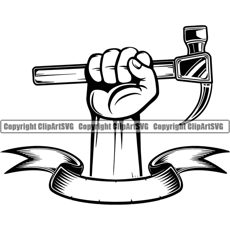 Black And White Color Construction Handyman Worker Holding Hammer African American Black Hand Design Element Work Service Repair Home House Job Renovation Contractor Repairman Tech Company Art Logo Clipart SVG