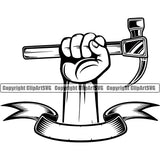Black And White Color Construction Handyman Worker Holding Hammer African American Black Hand Design Element Work Service Repair Home House Job Renovation Contractor Repairman Tech Company Art Logo Clipart SVG