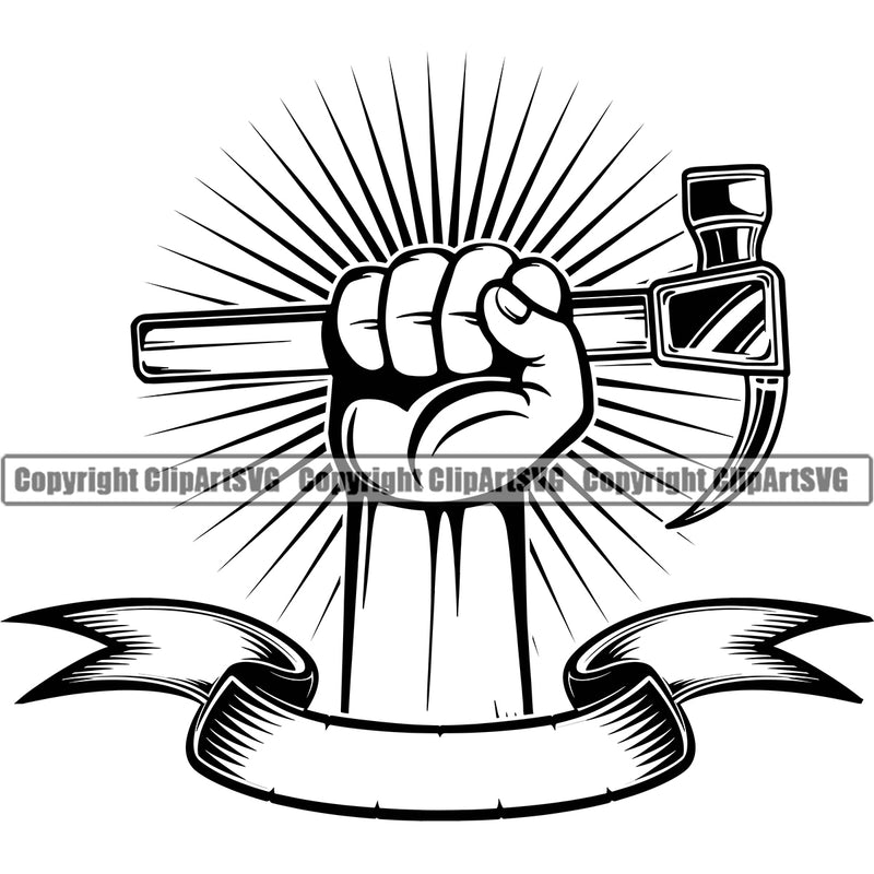 Black And White Color Construction Handyman Worker Holding Hammer Sun Rib Back Ground African American Black Hand Design Element Work Service Repair Home House Job Renovation Contractor Repairman Tech Company Art Logo Clipart SVG