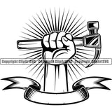 Black And White Color Construction Handyman Worker Holding Hammer Sun Rib Back Ground African American Black Hand Design Element Work Service Repair Home House Job Renovation Contractor Repairman Tech Company Art Logo Clipart SVG