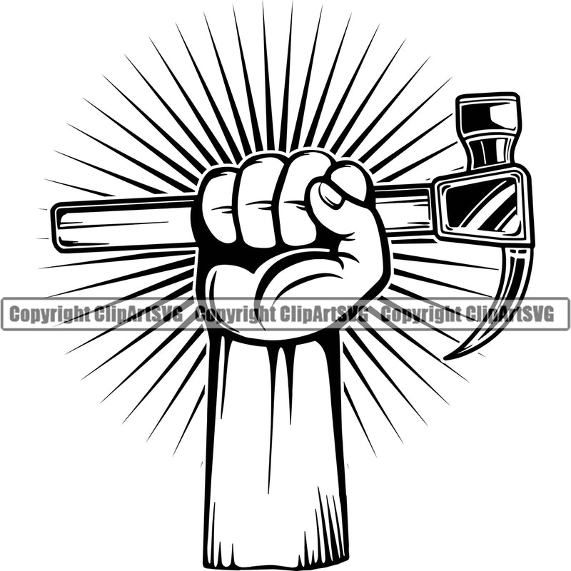 Black And White Color BW Construction Worker Holding Hammer Sun Rib Back Ground African American Black Hand Design Element Work Service Repair Home House Job Renovation Repairman Tech Company Art Logo Clipart SVG