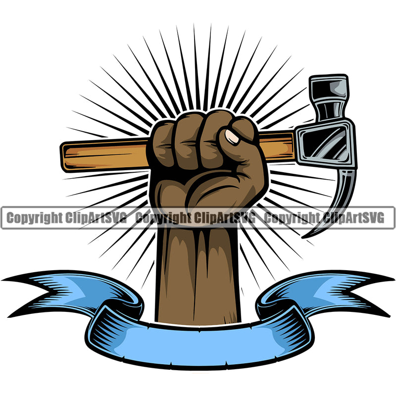 Construction Handyman Worker Holding Hammer African American Black Hand Design Element Sun Rib White Background Work Service Repair Home House Job Renovation Contractor Repairman Tech Company Art Logo Clipart SVG