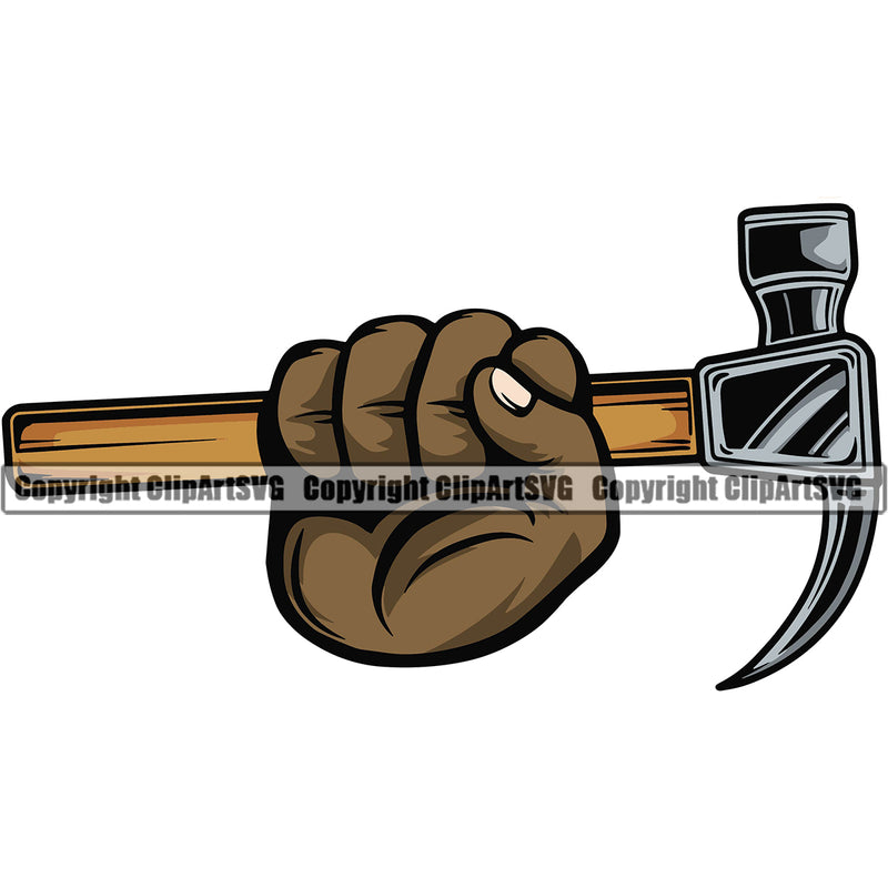 Construction Handyman Worker African American Hand Holding Hammer Design Element White Background Work Service Repair Home House Job Renovation Contractor Repairman Tech Company Art Logo Clipart SVG