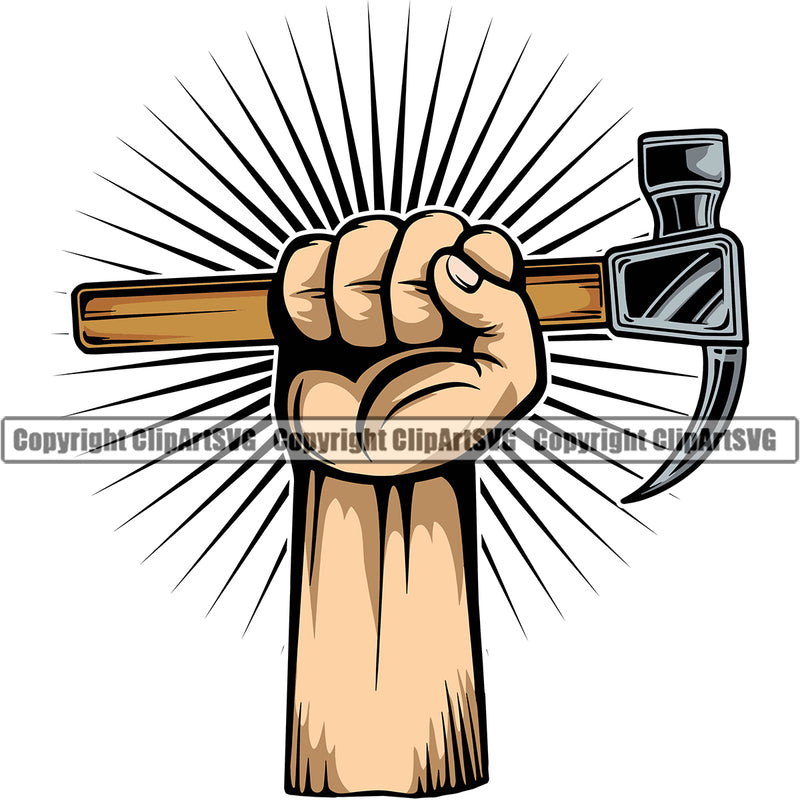 American Worker Holding Hand Hammer Sun Rib Design Element Construction Handyman Worker Work Service Repair Home House Job Renovation Contractor Repairman Tech Company Art Logo Clipart SVG