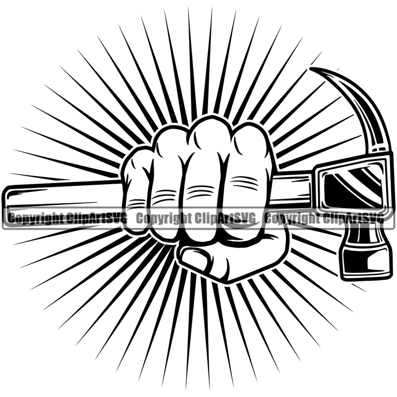 Black And White African Hand Holding Hammer Sun Rib Punch Design Element BW Construction Handyman Worker Work Service Repair House Job Contractor Repairman Tech Company Art Logo Clipart SVG