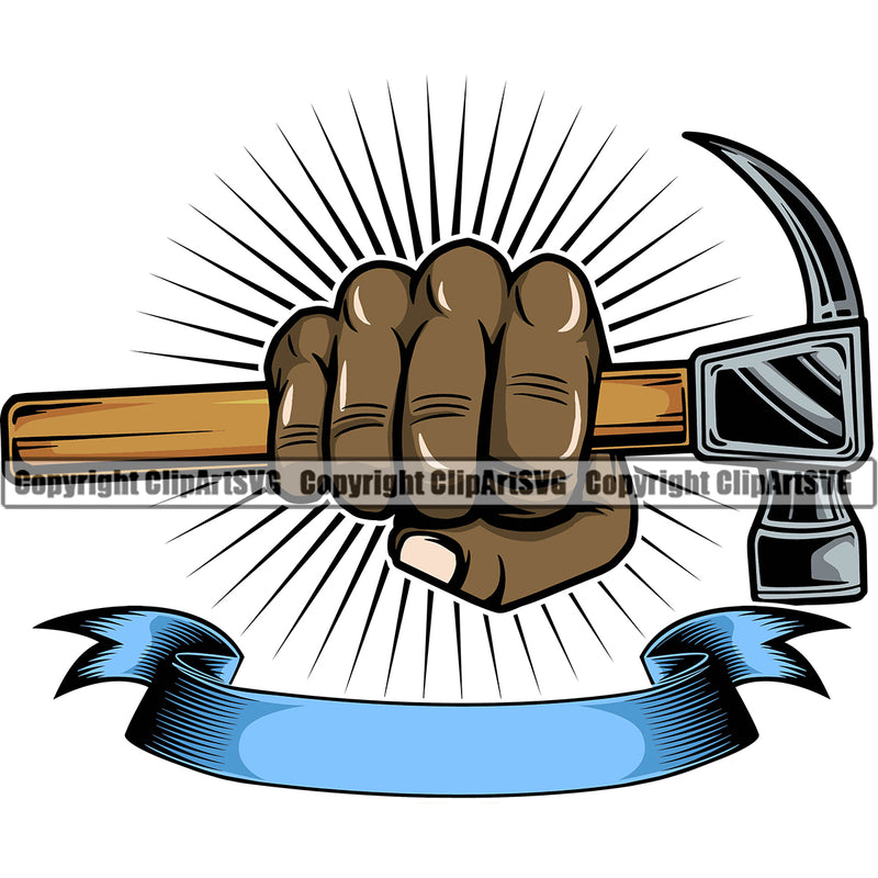 African Black Hand Holding Hammer Design Element Sun Rib Construction Handyman Worker White Background Work Service Repair Home House Job Renovation Contractor Repairman Tech Company Art Logo Clipart SVG