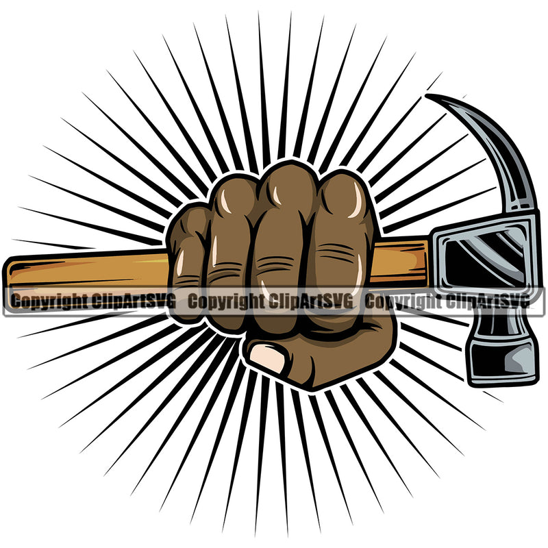 African Hand Holding Hammer Black Color Sun Rib Design Element Construction Handyman Worker Work Service Repair Home House Job Renovation Contractor Repairman Tech Company Art Logo Clipart SVG