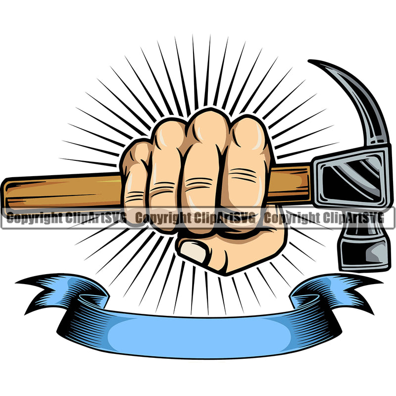 American White Hand Holding Hammer Construction Handyman Worker Punch Sun Rib Design Element White Background Work Service Repair Home House Job Renovation Contractor Repairman Tech Company Art Logo Clipart SVG