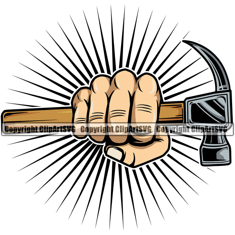 Construction Handyman Worker American White Hand Holding Hammer Work Service Repair Sun Rib Vector Design Element White Background Home House Job Renovation Contractor Repairman Tech Company Art Logo Clipart SVG