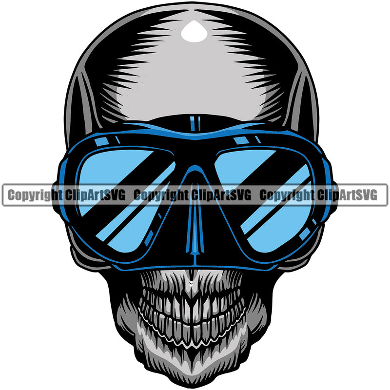 Skull Skeleton Silver Color Head Wearing Diving Mask Design Element White Background Water Ocean Sea Nature Marine Reef Swim Snderwater Scuba Sport Dive Diver Snorkel Boat Fishing Fish Art Logo Clipart SVG