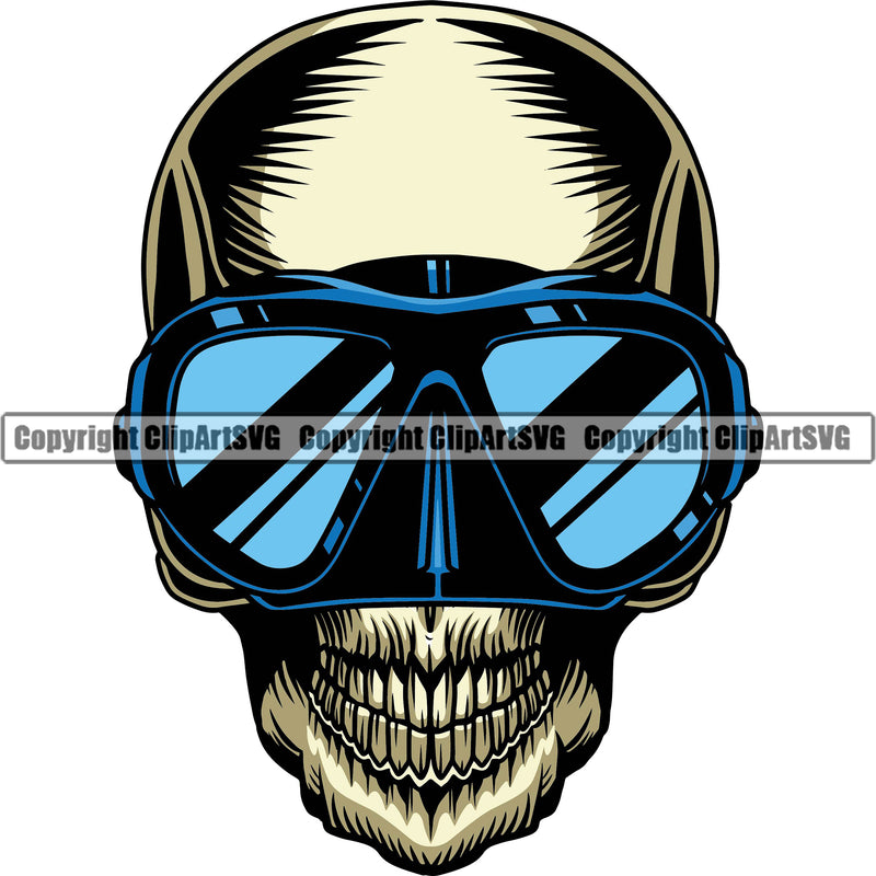 Skull Skeleton Head Wearing Diving Mask Color Design Element White Background Water Ocean Sea Nature Marine Reef Swim Snderwater Scuba Sport Dive Diver Snorkel Boat Fishing Fish Art Logo Clipart SVG