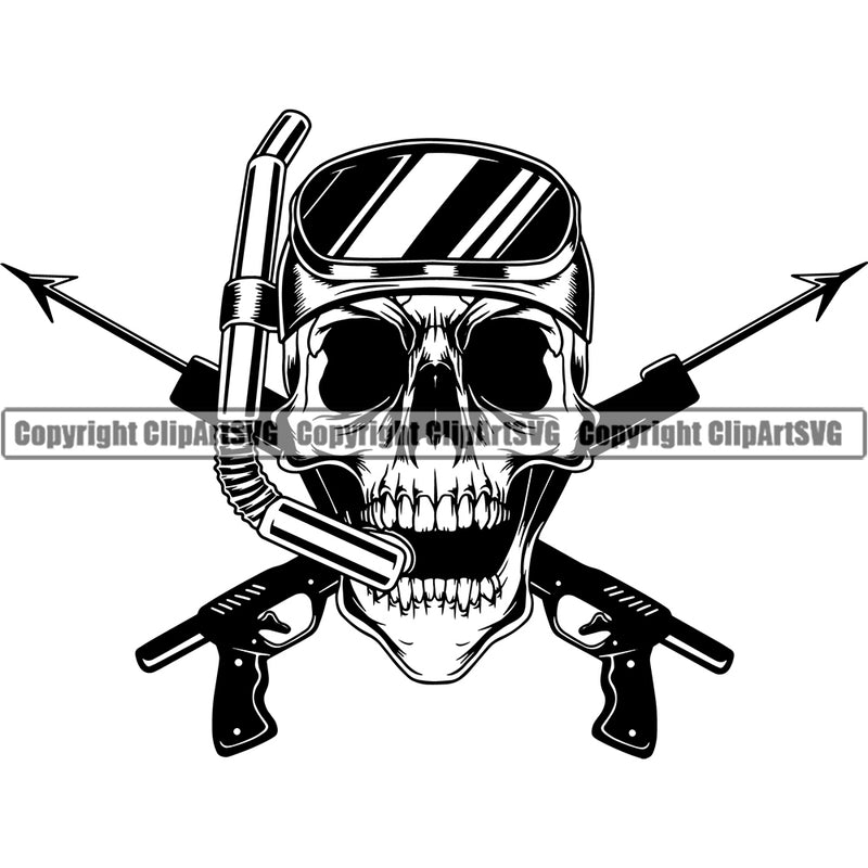 Skull Skeleton Head Use Snorkel Mask And Spear Gun Crossed Design Element Diving Water Ocean Sea Nature Marine Reef Swim Snderwater Scuba Sport Dive Diver Snorkel Boat Fishing Fish Art Logo Clipart SVG