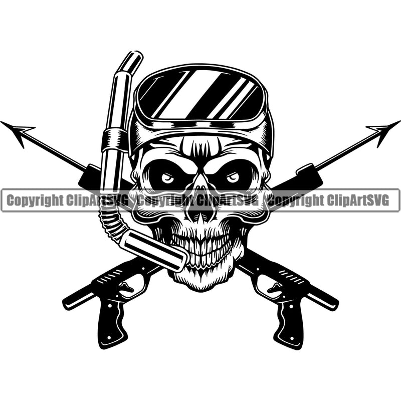 Black And White Skull Skeleton Head Use Snorkel Mask Spear Gun Design Element Diving Water Ocean Sea Nature Marine Reef Swim Snderwater Scuba Sport Dive Diver Snorkel Boat Fishing Fish Art Logo Clipart SVG