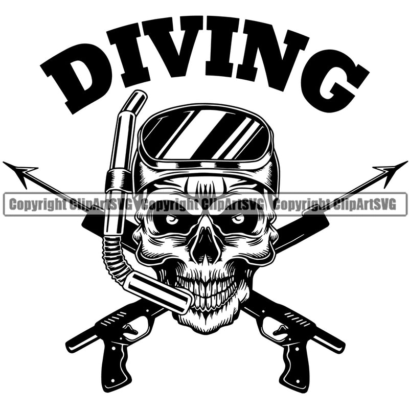 Diving Quote Black And White Skull Skeleton Head Use Snorkel Mask Spear Gun Design Element Diving Water Ocean Sea Nature Marine Reef Swim Snderwater Scuba Sport Dive Diver Snorkel Boat Fishing Fish Art Logo Clipart SVG