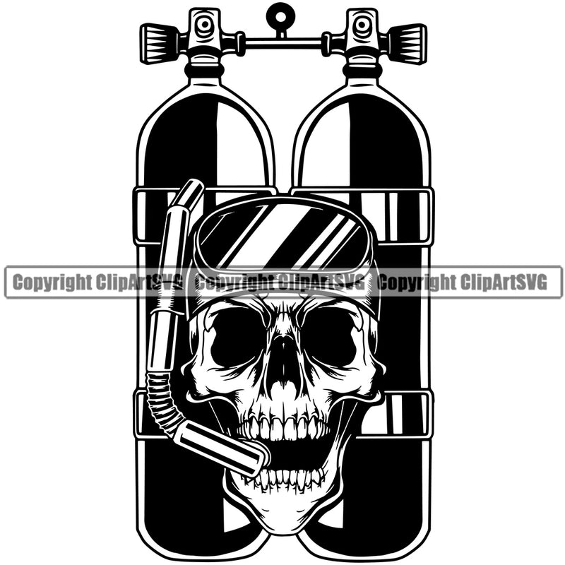 Diving Tank Skull Skeleton Head Logo Design Element Black And White Water Ocean Sea Nature Marine Reef Swim Snderwater Scuba Sport Dive Diver Snorkel Boat Fishing Fish Art Logo Clipart SVG