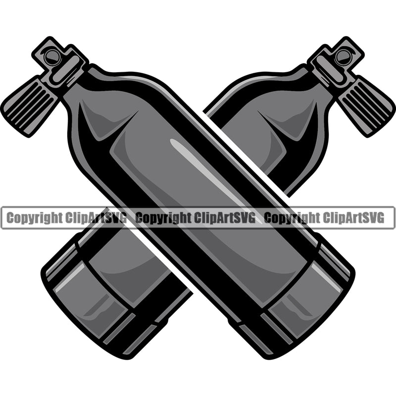 Diving Oxygen Tank Silver Color Crossed Design Element White Background Water Ocean Sea Nature Marine Reef Swim Snderwater Scuba Sport Dive Diver Snorkel Boat Fishing Fish Art Logo Clipart SVG