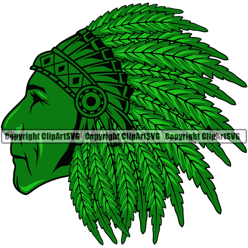 Indian Face Wearing Marijuana Leaves Color Design Element Green Color Legalize Pot Organic Leaf Medical Medicine Health Herb Plant Cannabis Hemp Drug Grass Weed THC Legal Art Logo Clipart SVG