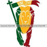One Love Quote Flag Color Design Element Marijuana Legalize Pot Lion Organic Leaf Medical Medicine Health Herb Plant Cannabis Hemp Drug Grass Weed THC Legal Art Logo Clipart SVG