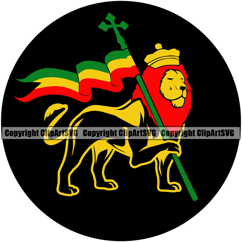 Lion Holding Flag Crown On Head Marijuana Legalize Pot Color Circle Design Element Black Background Organic Leaf Medical Medicine Health Herb Plant Cannabis Hemp Drug Grass Weed THC Legal Art Logo Clipart SVG