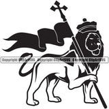 Black And White Lion Holding Flag Crown On Head Marijuana Legalize Pot Organic Leaf Medical Medicine Health Herb Plant Cannabis Hemp Drug Grass Weed THC Legal Art Logo Clipart SVG