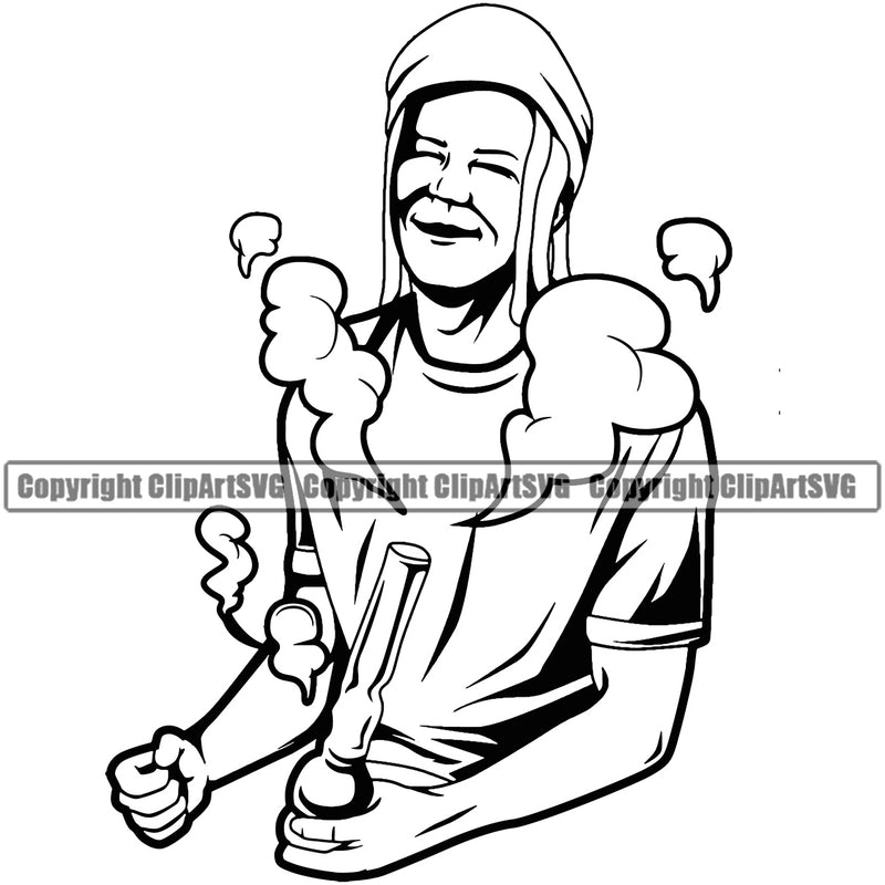Reggae Man Holding Bong Smoke Black And White BW Design Element Artwork Marijuana Legalize Pot Organic Leaf Medical Medicine Health Herb Plant Cannabis Hemp Drug Grass Weed THC Legal Art Logo Clipart SVG