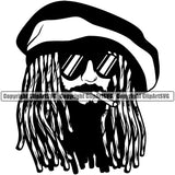 Black And White Reggae Man Smoking Joint Locus Hair Style Wearing Sunglass And Hat Marijuana Legalize Pot Organic Leaf Medical Medicine Health Herb Plant Cannabis Hemp Drug Grass Weed THC Legal Art Logo Clipart SVG