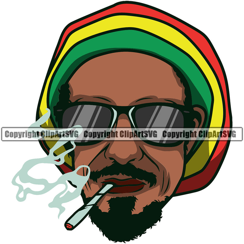 Reggae Man Smoking Wearing Sunglass And Hat Vector Color Design Element Marijuana Legalize Pot Organic Leaf Medical Medicine Health Herb Plant Cannabis Hemp Drug Grass Weed THC Legal Art Logo Clipart SVG