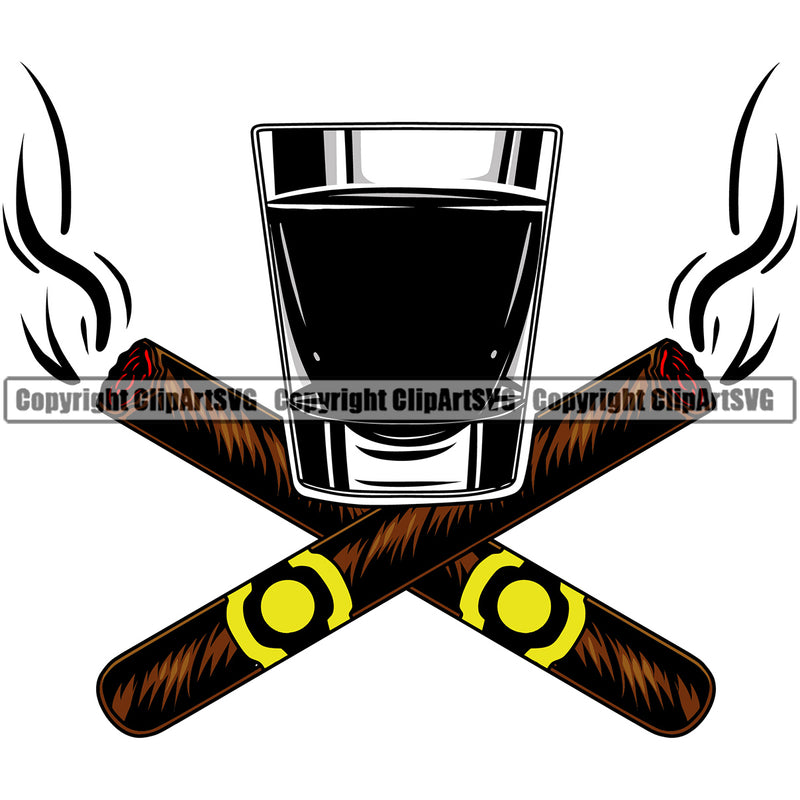 Smoking Cigar Crossed Design And Drink Glass Color Design Element White Background Health Tobacco Quit Quitting Smoke Awareness Disease Addiction Smoker Addicted Addict Art Logo Clipart SVG