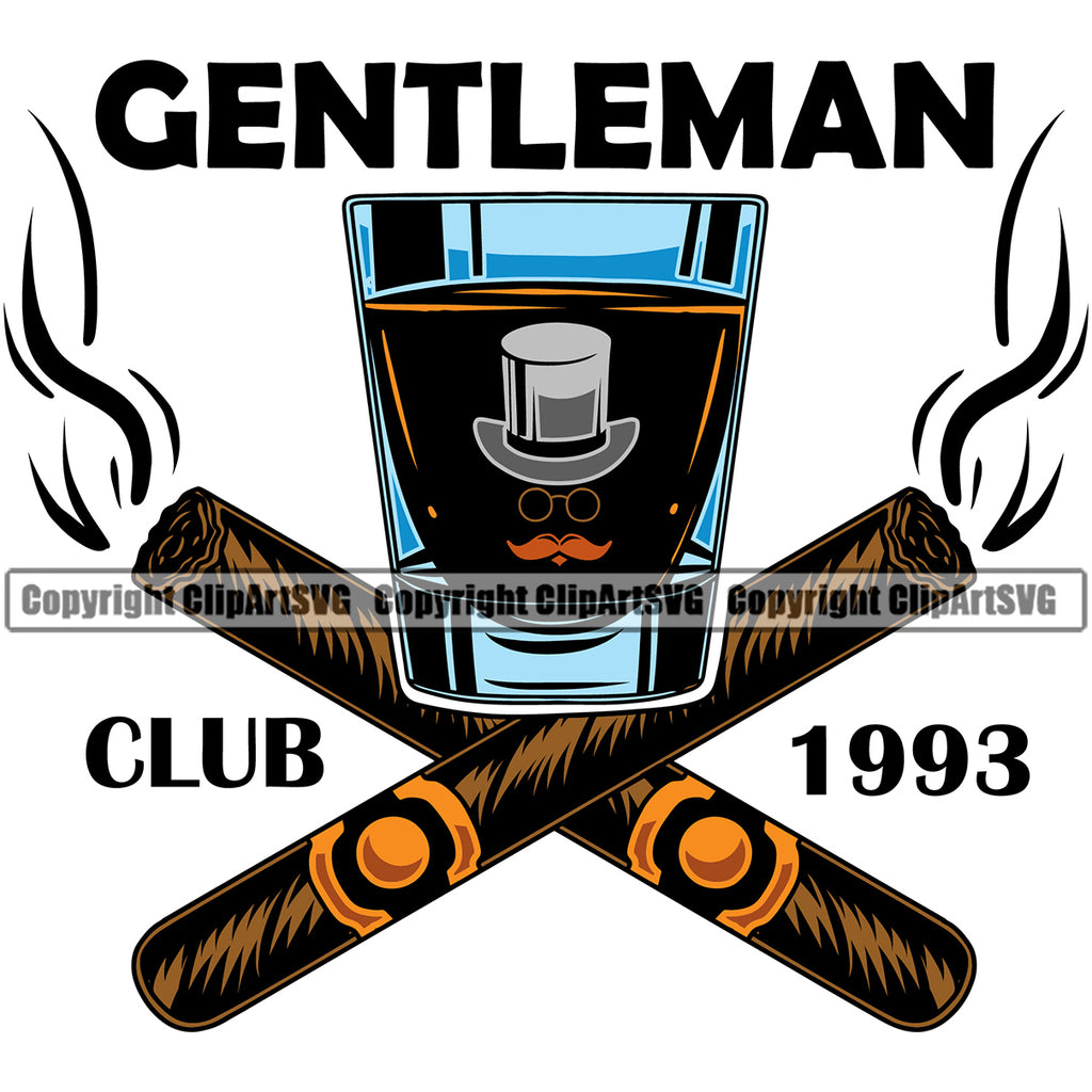 Gentleman Club 1993 Quote Smoking Health Tobacco Quit Quitting Smoke Cigar Crossed Design And Drink Glass White Background Awareness Disease Addiction Smoker Addicted Addict Art Logo Clipart SVG