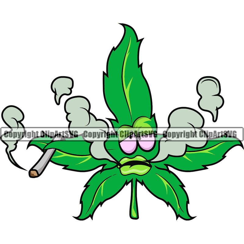 Marijuana Leaf Green Color Funny Cartoon Character Smoking White Background Design Element Holding Weed Legalize Pot Organic Leaf Medical Medicine Health Herb Plant Cannabis Hemp Drug Grass Weed THC Legal Art Logo Clipart SVG