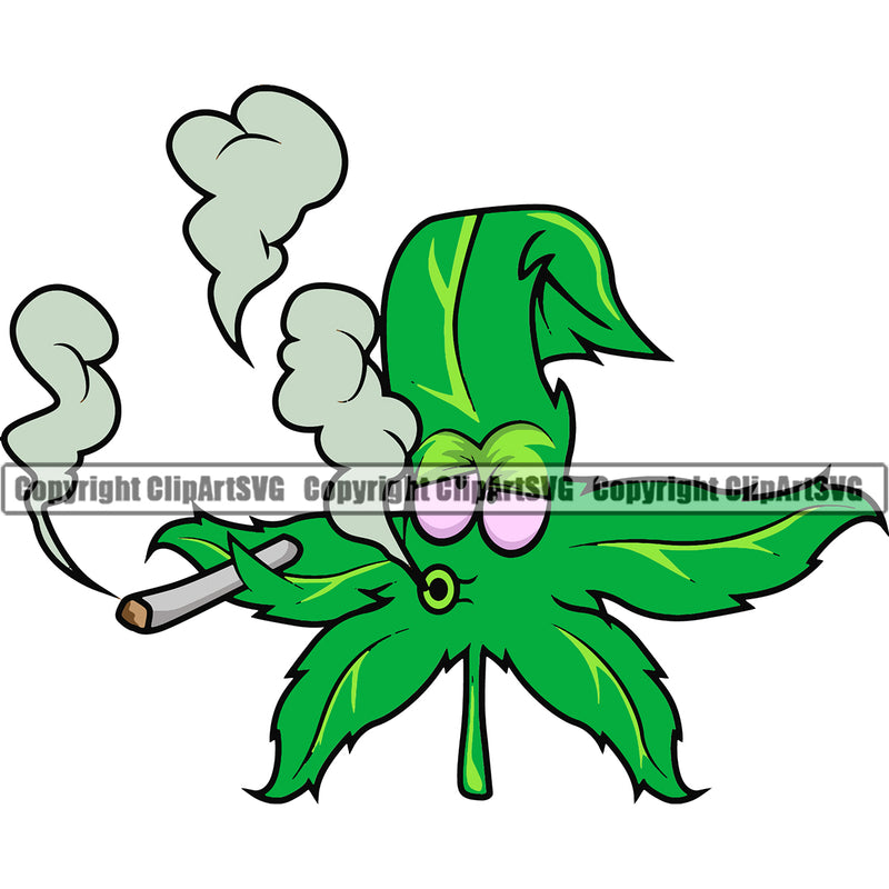 Funny Cartoon Character Smoking Marijuana Pink Eyes Design Element Legalize Pot Organic Leaf Medical Medicine Health Herb Plant Cannabis Hemp Drug Grass Weed THC Legal Art Logo Clipart SVG