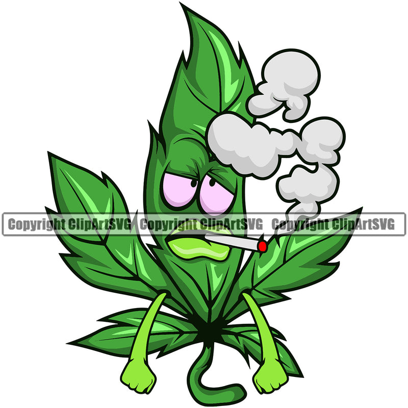 Cartoon Character Marijuana Smoking Color Design Element Legalize Pot Organic Leaf Medical Medicine Health Herb Plant Cannabis Hemp Drug Grass Weed THC Legal Art Logo Clipart SVG
