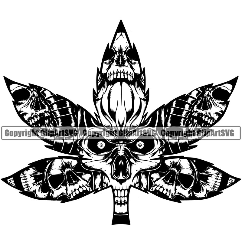 Marijuana Leaf Black And White Skull Skeleton Head Design Element Legalize Pot Organic Leaf Medical Medicine Health Herb Plant Cannabis Hemp Drug Grass Weed THC Legal Art Logo Clipart SVG