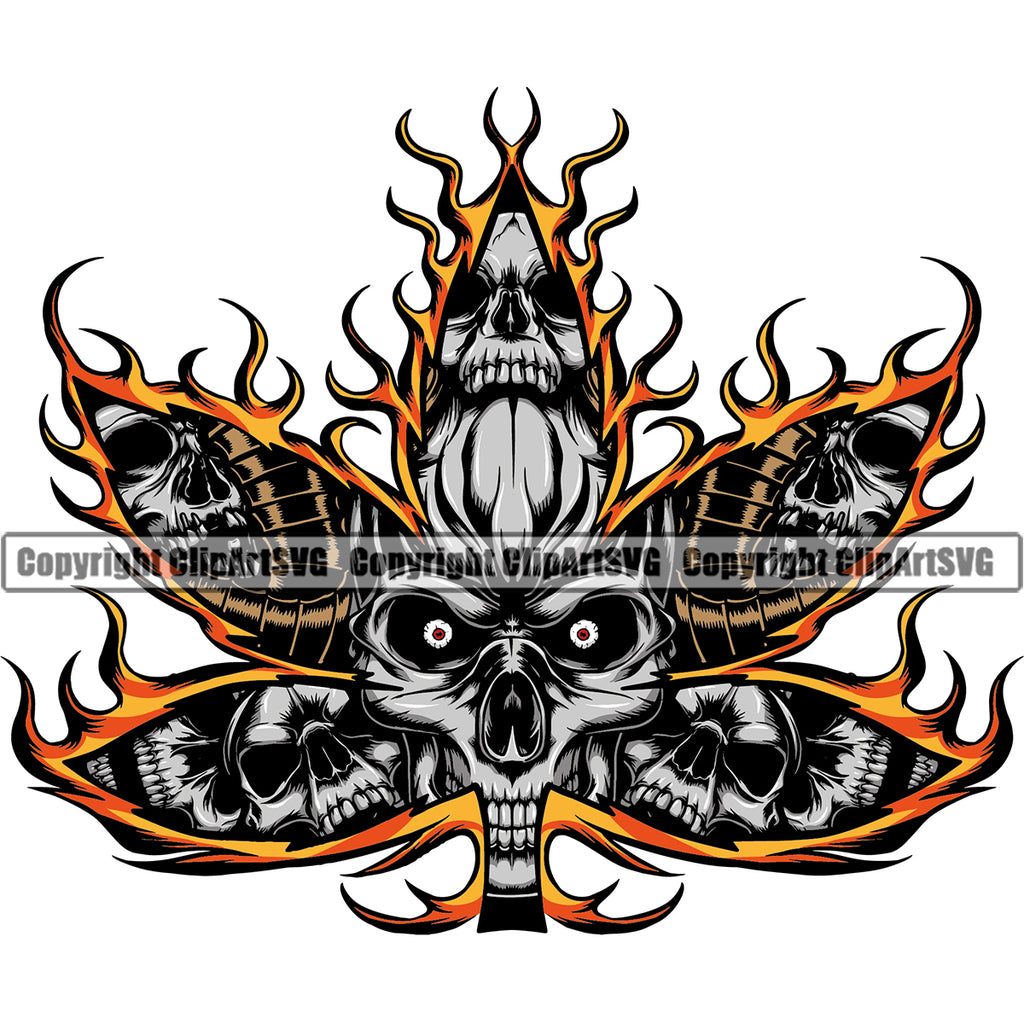 Marijuana Leaf Skull Skeleton Head Fire Design Element Legalize Pot Organic Leaf Medical Medicine Health Herb Plant Cannabis Hemp Drug Grass Weed THC Legal Art Logo Clipart SVG